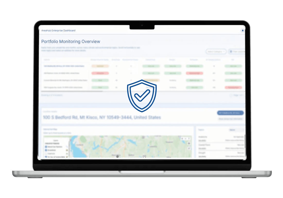 AreaHub's Enterprise Dashboard laptop mockup with an insurance icon